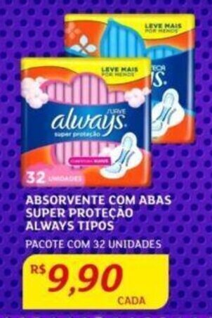 Assaí Atacadista ABSORVENTE COM ABAS SUPER PROTEÇÃO ALWAYS TIPOS PACOTE COM 32 UNIDADES oferta