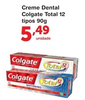Roldão Creme Dental Colgate Total 12 tipos 90g oferta