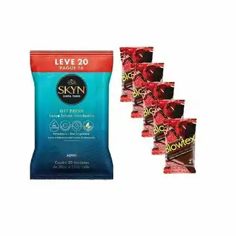Kit preservativo blowtex morango e chocolate c/ 15 uni. + lenços umedecidos skyn leve 20 pague 16