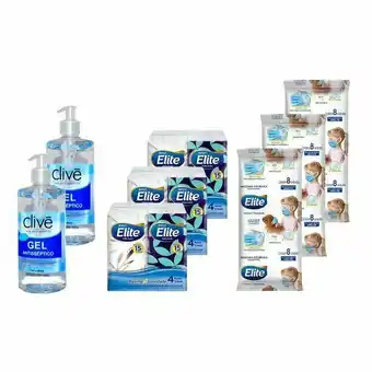 Kit 24 máscaras elite + 12 pcts lenço de bolso elite + 2 unids de álcool em gel