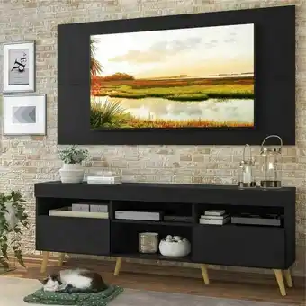 Pão de Açúcar Rack com painel tv 65´´ londres multimóveis pés retrô e 2 portas preto/natural oferta