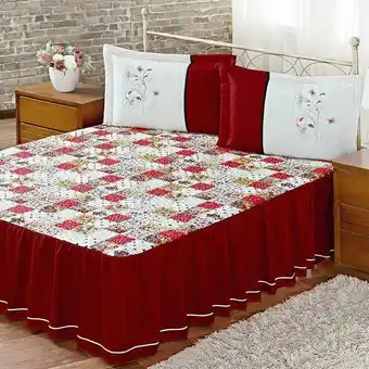 Colcha de casal padrão matelada com babado tecido misto 03 peças ariana - patchwork vermelho