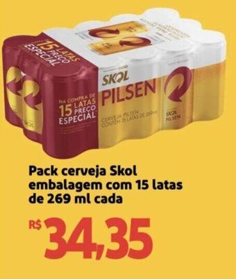 Extra Supermercado Pack cerveja Skol embalagem com 15 latas de 269 ml cada oferta