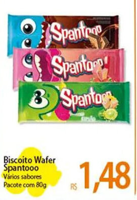 Atacadão Biscoito Wafer Spantooo Vários sabores Pacote com 80g oferta