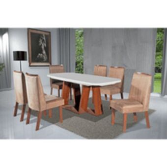 Mesa de jantar 6 cadeiras, tampo de vidro e mdf - bom pastor laura