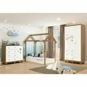 Quarto infantil com mini cama casinha, cômoda 4 gavetas, roupeiro 3 portas peroba branco/carvalho