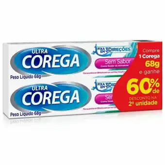 Farmácias Pague Menos Kit fixador dentadura corega ultra creme 68g com desconto de 60% na 2 unidade oferta