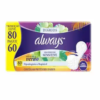 Farmácias Pague Menos Protetor diário always sem perfume sensitive leve 80 unidades pague 60 unidades oferta