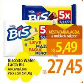 Atacadão Biscolto Wafer Lacta Bis Ao Lette/Laka Pack.com 5x100g oferta