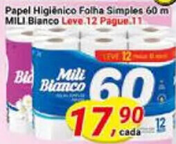 Amarelinha supermercados Papel Higiênico Folha Simples 60 m MILI Bianco Love 12 Pague.11 oferta