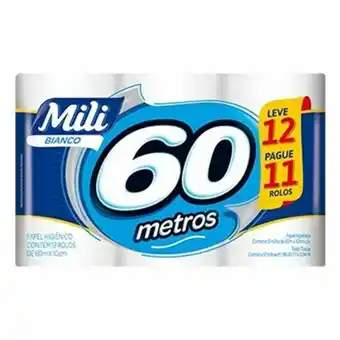 Papel higiênico mili bianco 60m neutro leve 12 pague 11
