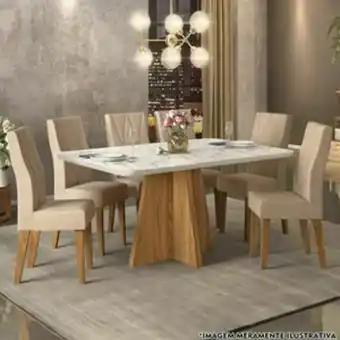 Conjunto mesa com 6 cadeiras parma carv nobre e new agata linho saara