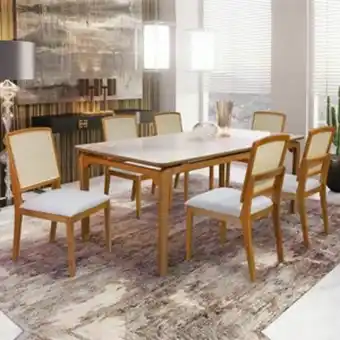 Lojas Guido Mesa com 6 cadeiras (mesa diamantina / cadeiras tsanta fé) - 180x90 vidro off white // cor natural e off white oferta