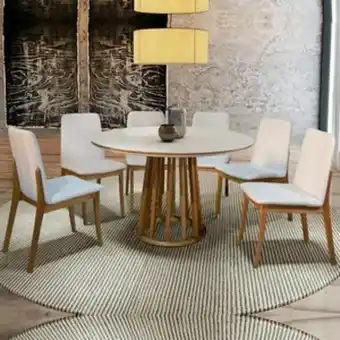 Lojas Guido Mesa com 6 cadeiras (mesa araucaria / cadeiras tiradentes) - 135x135 vidro off white // cor natural e off white oferta