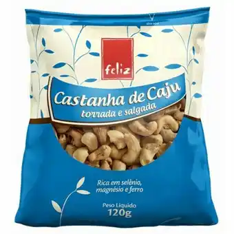 Supermercados Andreazza Castanha de cajú torrada e salgada feliz embalagem 120g oferta