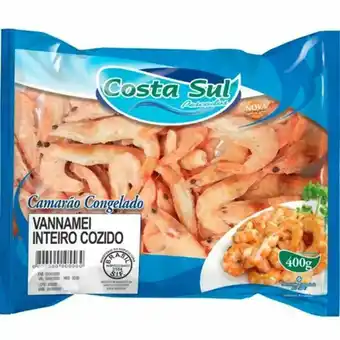 Camarão vanamei inteiro costa sul cozido congelado embalagem 400g