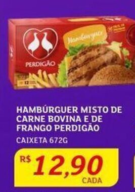 Assaí Atacadista HAMBÚRGUER MISTO DE CARNE BOVINA E DE FRANGO PERDIGÃO CAIXETA 672G oferta