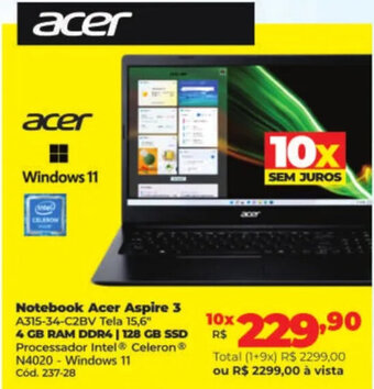Lojas Becker Notebook Acer Aspire 3 A315-34-C2BV Tela 15,6" oferta
