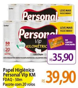 Atacadão Papel Higiênico Personal Vip KM FDAQ-50m Pacote com 20 rolos oferta