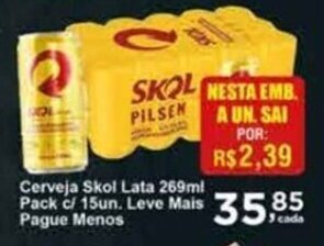 Rossi Supermercado Cerveja Skol Lata 269ml Pack c/ 15un. Leve Mais Pague Menos oferta