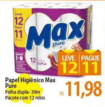 Papel Higiênico Max Pure Folha dupla-30m Pacote com 12 rolos