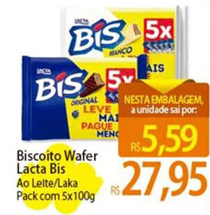 Atacadão Biscoito Wafer Lacta Bis Ao Leite/Laka Pack com 5x100g oferta