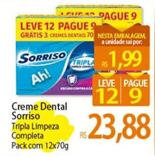 Atacadão Creme Dental Sorriso Tripla Limpeza Completa Pack com 12x70g oferta
