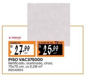 PISO VAC375000 Retificado, acetinado, cinza, 75x75 cm, cx 2,28 m²