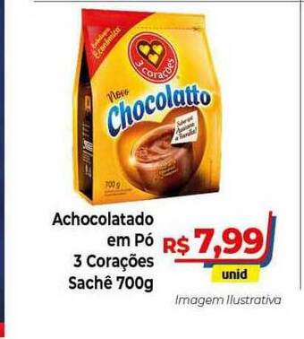 Hiper Moreira Achocolatado Em Pó 3 Corações sache 700g oferta