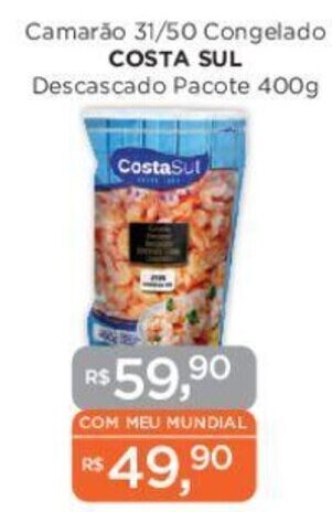 Supermercados Mundial Camarão 31/50 Congelado COSTA SUL Descascado Pacote 400g oferta