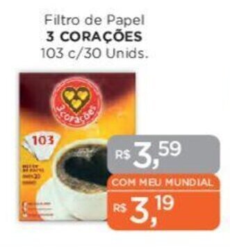 Supermercados Mundial Filtro de Papel 3 CORAÇÕES 103 c/30 Unids. oferta
