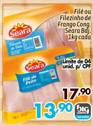 Supermercados Big Compra Filé ou Filezinho de Frango Cong. Seara Bdj. 1kg cada oferta