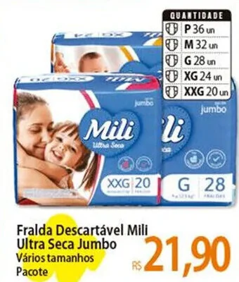 Fralda Descartável Mili Ultra Seca Jumbo Vários tamanhos Pacote
