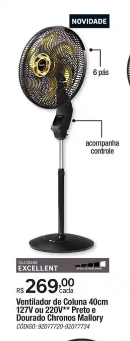Leroy Merlin Ventilador de Coluna 40cm 127V ou 220V** Preto e Dourado Chronos Mallory CÓDIGO: 92077720-92077734 oferta