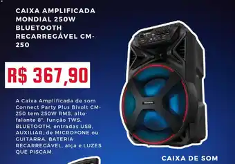 Casas Bahia CAIXA AMPLIFICADA MONDIAL 250W BLUETOOTH RECARREGÁVEL CM- 250 oferta