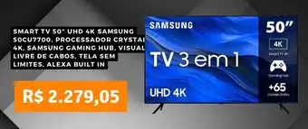 SMART TV 50" UHD 4K SAMSUNG 50CU7700, PROCESSADOR CRYSTAI 4K, SAMSUNG GAMING HUB, VISUAL LIVRE DE CABOS, TELA SEM LIMITES,