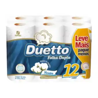 Papel higiênico folha dupla 30m duetto leve 12 e pague 11