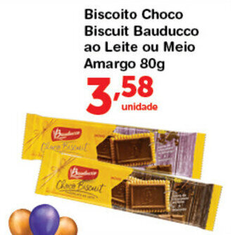 Roldão Biscoito Choco Biscuit Bauducco ao Leite ou Meio Amargo 80g oferta