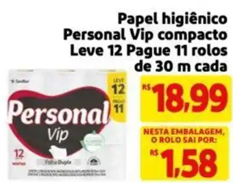 Extra Supermercado Papel higiênico Personal Vip compacto Leve 12 Pague 11 rolos de 30 m cada oferta
