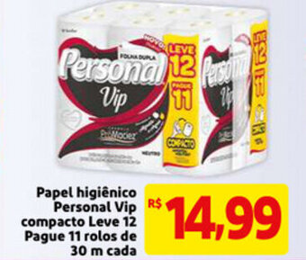 Mercado Extra Papel Higiénico Personal Vip compacto Leve 12 Pague 11 rolos de 30m cada oferta