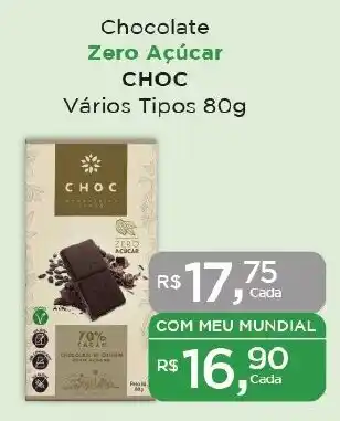 Supermercados Mundial Chocolate Zero Açúcar CHOC Vários Tipos 80g oferta