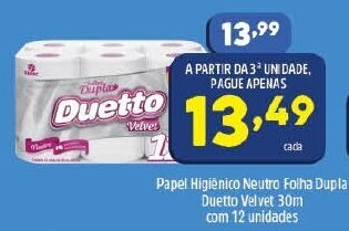 Papel Higiénico Neutro Folha Dupla Duetto Velvet 30m com 12 unidades