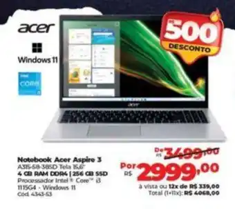 Lojas Becker Notebook Acer Aspire 3 A315-58-385D Tela 15,6" oferta