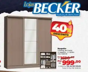 Lojas Becker Roupeiro 3 Portas de Correr c/ espelho - L: 2,03m Cod: 3460-00 oferta