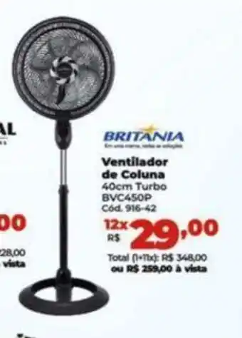 Lojas Becker BRITANIA Ventilador de Coluna 40cm Turbo BVC450P Cod. 916-42 oferta