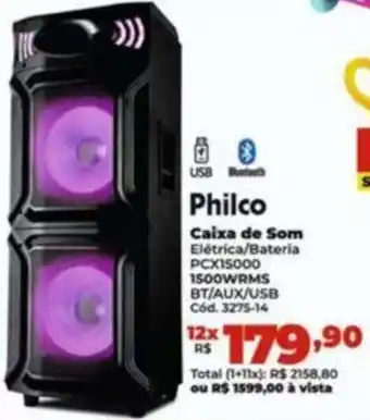 Lojas Becker Philco Caixa de Som Elétrica/Bateria PCX15000 1500WRMS BT/AUX/USB oferta
