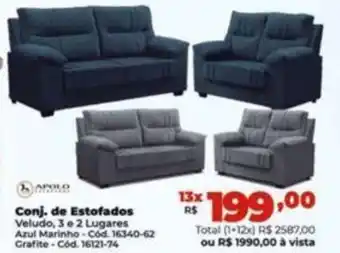 Lojas Becker Conj. de Estofados Veludo, 3 e 2 Lugares Azul Marinho oferta