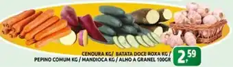 Cenoura. Batata Doce Roxa, Pepino Comum, Mandioca, Alho a granel
