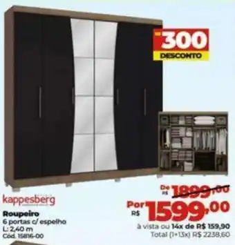 Lojas Becker Kappesberg Roupeiro 6 portas c/ espelho L2,40 m oferta