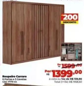 Lojas Becker Roupeiro Carraro 6 Portas e 3 Gavetas Cód 17179-44 oferta
